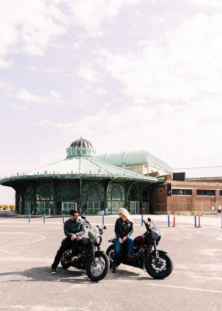 a couple enjoying their bikers themed anniversary shoot in asbury park, nj. 